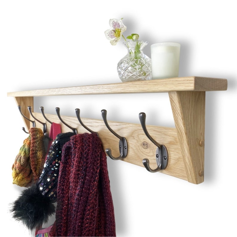 Solid Oak Coat Rack With Shelf Polished Cast Iron Hooks Etsy