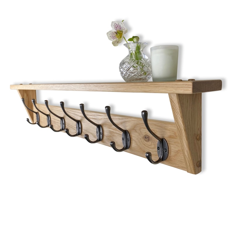 Solid Oak Coat Rack With Shelf Polished Cast Iron Hooks Etsy