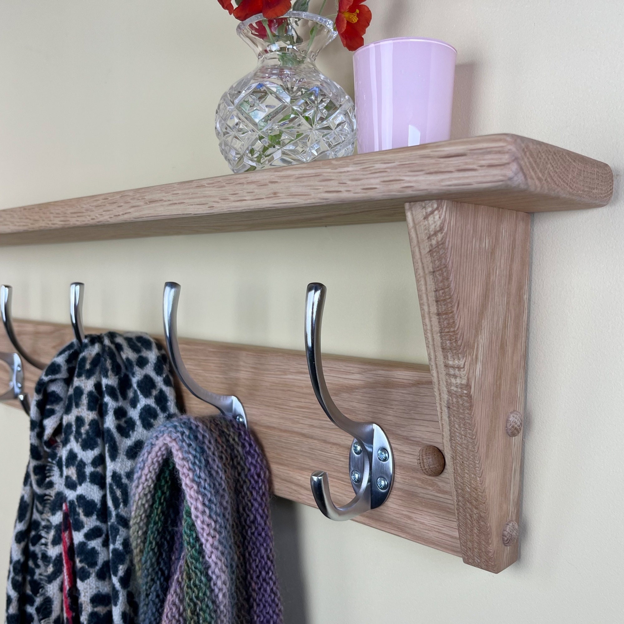 Solid Oak Coat Rack With Shelf Satin Chrome Brushed Steel Etsy