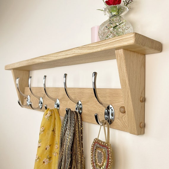 Solid Oak Coat Rack With Shelf - Polished Chrome Hooks - Handmade