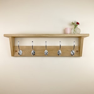 Solid Oak Coat Rack With Shelf - Polished Chrome Hooks - Handmade image 4