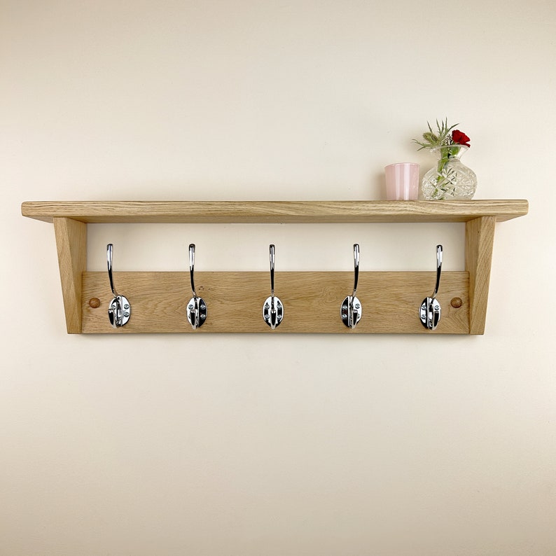 Solid Oak Coat Rack With Shelf - Polished Chrome Hooks - Handmade image 4
