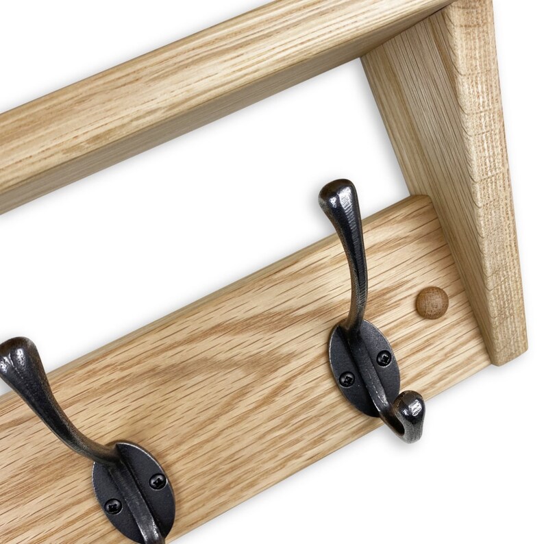 Solid Oak Coat Rack With Shelf Polished Cast Iron Hooks Etsy