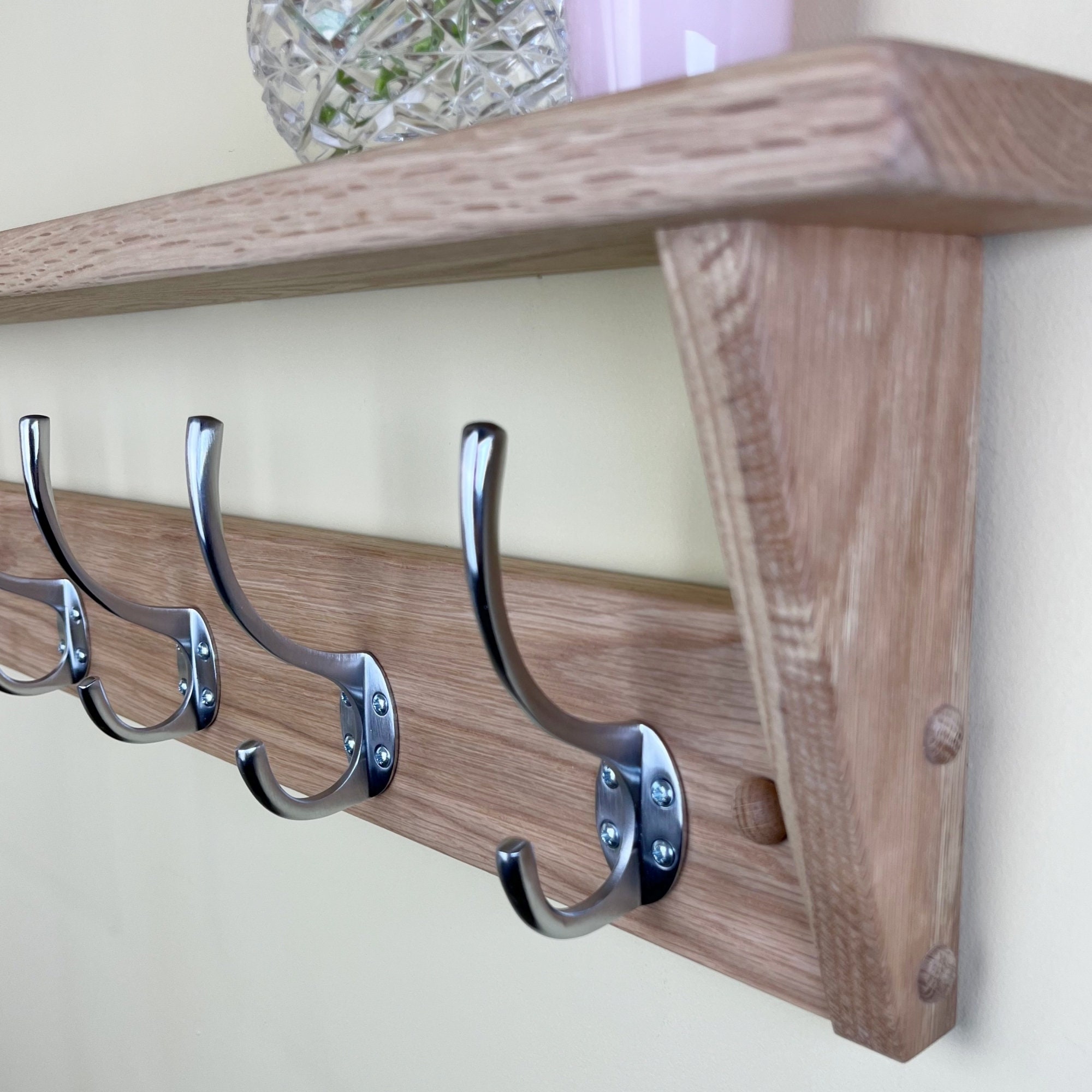 Solid Oak Coat Rack With Shelf Satin Chrome Brushed Steel Etsy
