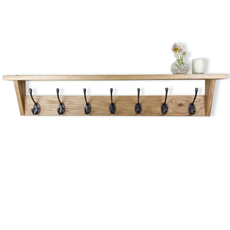 Solid Oak Coat Rack With Shelf Polished Cast Iron Hooks Etsy UK