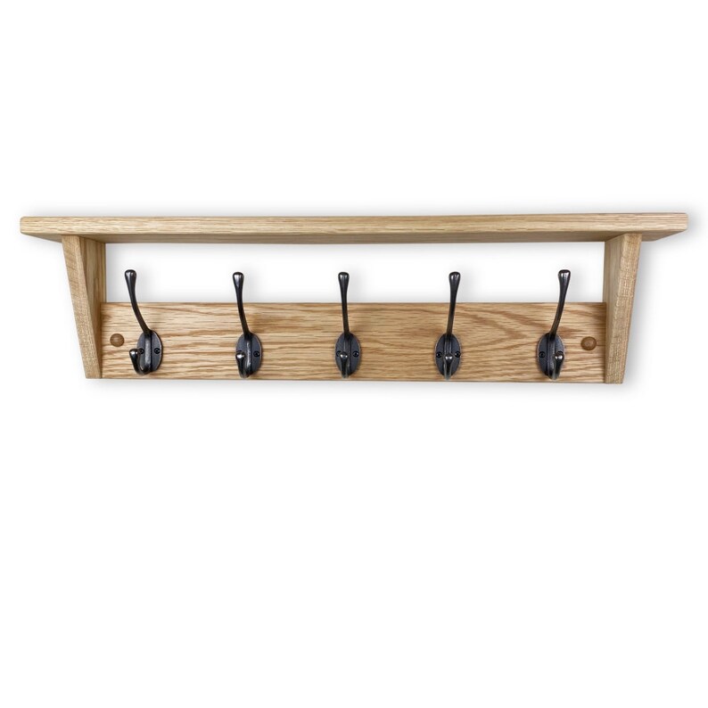 Solid Oak Coat Rack With Shelf Polished Cast Iron Hooks Etsy UK