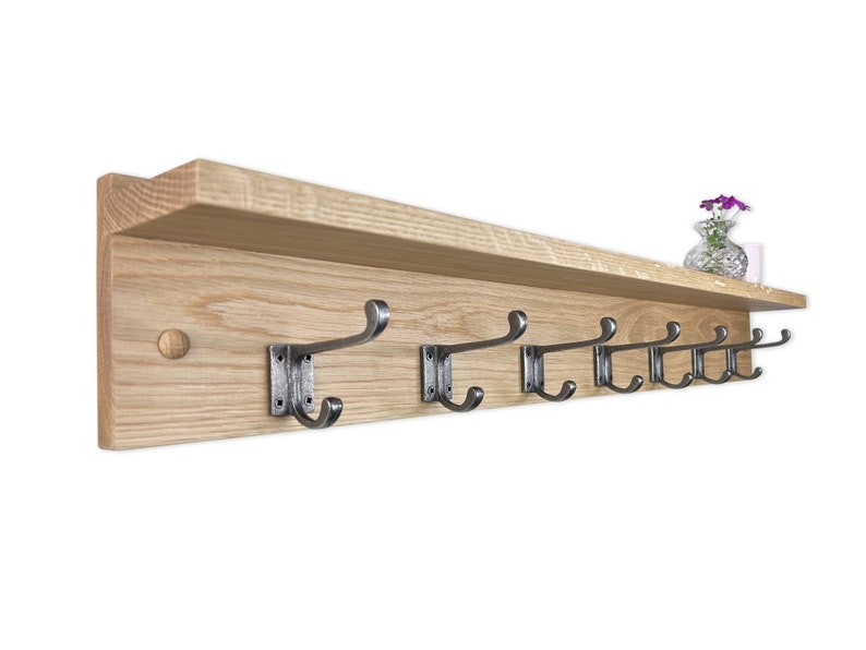 Solid Oak Coat Rack With Shelf Polished Cast Iron Hooks Etsy UK