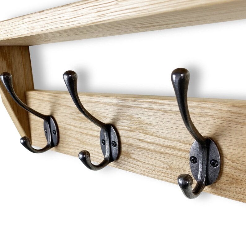 Solid Oak Coat Rack With Shelf Polished Cast Iron Hooks Etsy