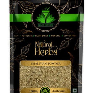 May include: A black pouch of "Natural Herbs" Shal Parni Powder. The packaging features a green and gold leaf design, the "Sai Herbs" logo, and text indicating the product is raw, authentic, plant-based, non-GMO, and gluten-free.