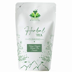 May include: White pouch of Nithya Kalyani Herbal Tea Powder. The packaging features green text that reads "Herbal Tea" and "For a Healthy lifestyle." The Sai Herbs logo is at the top. Floral and mountain illustrations decorate the pouch.
