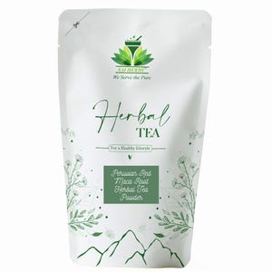 May include: White pouch of herbal tea powder with green text and graphics. The text reads "Herbal Tea" and "Peruvian Red Maca Root Herbal Tea Powder." The brand logo features a mortar and pestle with leaves. The packaging includes a mountain graphic.