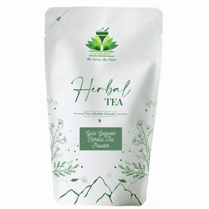 May include: White pouch of herbal tea powder. The package features the text "Herbal Tea" in a script font, along with the brand logo and the words "Gule Gagwan Herbal Tea Powder". The design includes green floral and mountain illustrations.