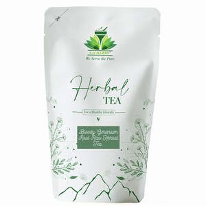 May include: White pouch of herbal tea with green accents. The text "Herbal TEA" is written in a script font. Below the text is the phrase "For a Healthy lifestyle". The bottom of the pouch reads "Bloody Geranium Root Raw Herbal Tea".