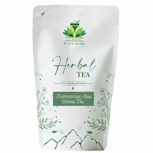 May include: White pouch of herbal tea with green text and graphics. The text reads "Herbal Tea" and "Pushkarmool Raw Herbal Tea." The brand logo features a mortar and pestle with leaves. The phrase "For a Healthy lifestyle" is also included.