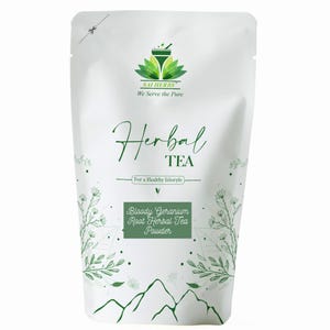 May include: White pouch of herbal tea powder. The package features the text "Herbal TEA" in green script, with the words "Bloody Geranium Root Herbal Tea Powder" below. The brand logo and the text "We Serve the Pure" are at the top.