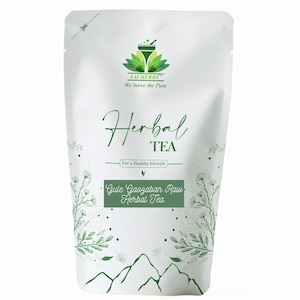 May include: A white pouch of herbal tea with green detailing. The text "Herbal Tea" is written in a cursive font. The pouch also features the text "Gule Gaozaban Raw Herbal Tea" and the logo of "Sai Herbs".