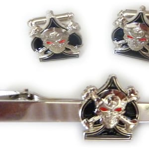 As de espadas Skull Death Card Biker Tie Bar Clip & Cufflinks Cuff Links Set