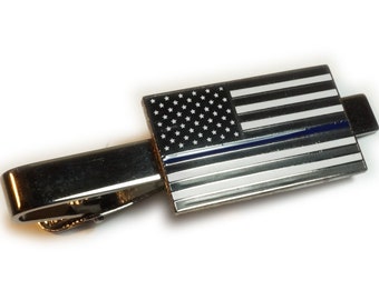 Thin Blue Line Police Officer Tie Bar – Funeral or Wedding Accessory - Fallen Hero USA Flag Enamel Suit Wedding Tie Clip