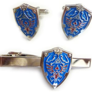 Zelda Hylian Shield Triforce Tie Bar Clip & Cufflinks Cuff Links Set
