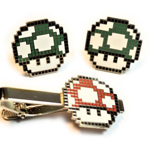 Super Mario World SNES RED Mushroom Tie Bar Clip & Green 1UP Extra Life Cufflinks Cuff Links Set