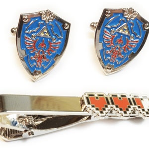 Zelda Heart Canisters Tie Bar & Hylian Shield Cufflinks Set – Cosplay Nerd Geek Gamer Wedding Jewelry Gift