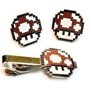 Super Mario World Red Mushroom Growth Power Up Tie Bar Clip & Cufflinks Cuff Links Set