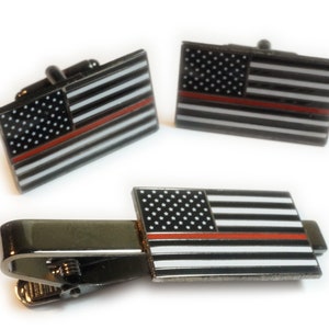 Thin Red Line Fallen Fireman USA Flag Tie Bar Clip & Cufflinks Cuff Links Set