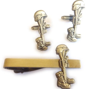 Fallen Soldier Field Cross Veteran Memorial Tie Bar Clip & Cufflinks Cuff Links Set