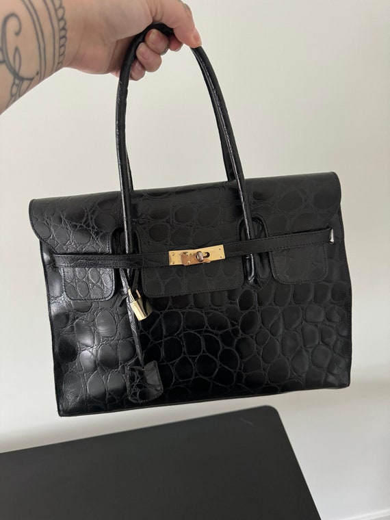 Vintage Black Croc Kelly Style Handbag/Purse W 35… - image 1