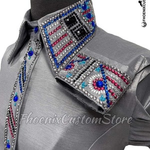 DIY Western Front Zip Stretch Grey and Silver Pattern Multiple Stones Show Shirt (Ladies)