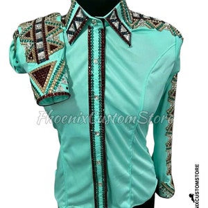 Mint Green Western Show Shirt: Rhinestone Rodeo Queen Horsemanship Top