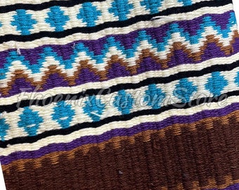 Handmade Woven Wool Western Saddle Blanket: Brown Purple Blue Show Pad (34 x 42)