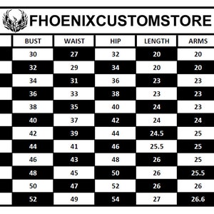 May include: A size chart from PHOENIXCUSTOMSTORE, with measurements for bust, waist, hip, length, arms, and shoulder. Sizes range from XXXS to 5XL. The chart is in a black and white checkered pattern.