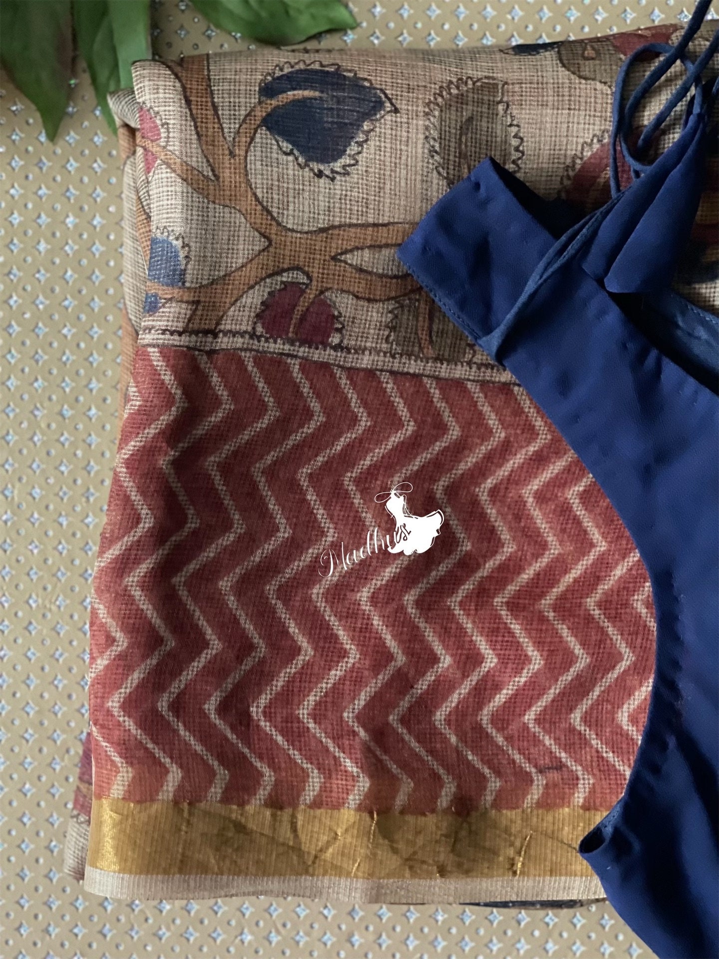 Beautiful Kalamkari Kota  Light Weight Saree Zari border with Stitched Blouse
