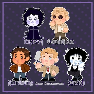 May include: Six cartoon character illustrations on a purple background with white polka dots. The characters include Dream, Corinthian, Hob Gadling, John Constantine, and Death. Each character is labelled with their name in a stylized font.