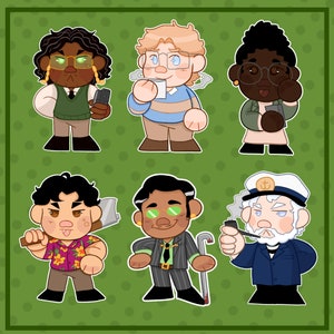 May include: Six cartoon character stickers with varied designs. The characters are depicted in different outfits and poses, with accessories like an axe, phone, and pipe. The color scheme features greens, browns, and blues, set against a green dotted background.