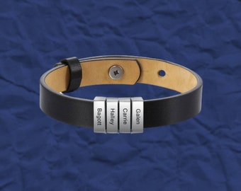 Personalized Leather Bracelet for Men: Engraved Stainless Steel Name Bracelet