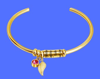 Personalized Birthstone Bracelet: Engraved Name Charm Bangle, Gifts for Mom