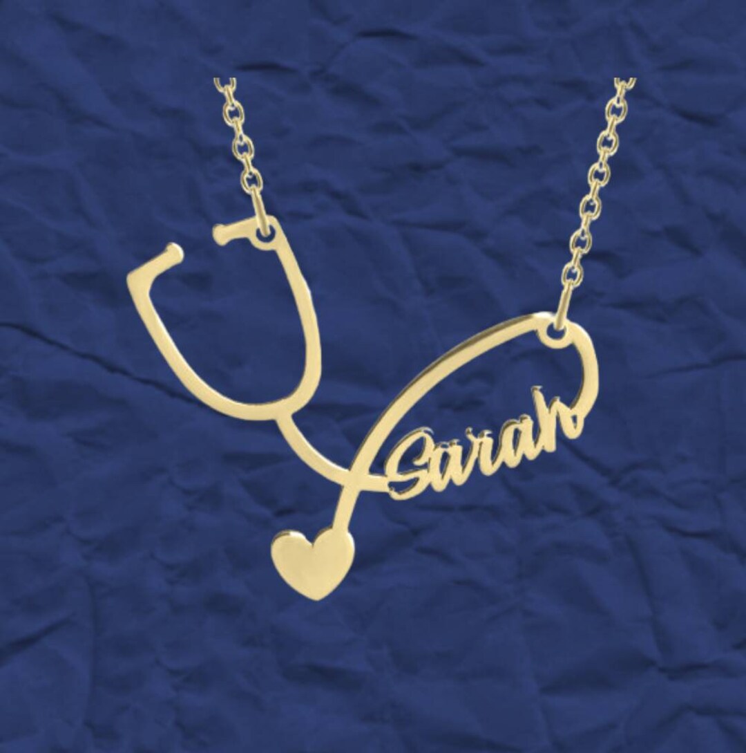 Stethoscope Necklace With Name, Sterling Silver, 24K Gold, Nursing
