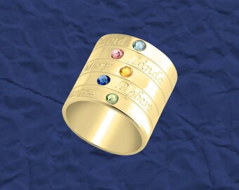 24K Gold Plated Birthstone Ring for Mother: Personalized Name Jewelry