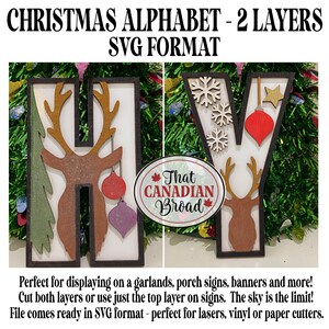 May include: Two-layer Christmas alphabet letters H and Y in SVG format. The letters are decorated with reindeer, snowflakes, ornaments, and a star. The letters are ready to be cut with a laser, vinyl, or paper cutter.