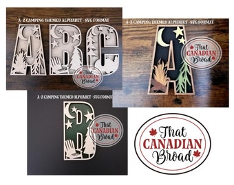 Alphabet, A-Z, Camping theme, SVG file, laser, vinyl, paper crafts