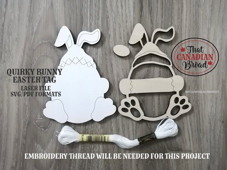 Puede incluir: Dos formas de conejo de madera sin terminar para un proyecto de artesan&iacute;a de etiqueta de Pascua peculiar. Las formas de conejo est&aacute;n listas para ser pintadas o decoradas. El texto "Quirky Bunny Easter Tag" y "Laser File SVG/PDF Formats" est&aacute; impreso en la madera. Se incluye hilo de bordar blanco.