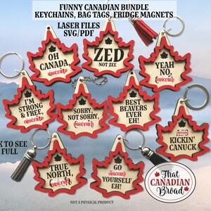 Könnte beinhalten: Ein Set mit 10 lasergeschnittenen Ahornblatt-Schlüsselanhängern mit lustigen kanadischen Sprüchen. Die Schlüsselanhänger sind rot und weiß mit schwarzem Text. Die Sprüche lauten: "Oh Canada", "Ich bin stark und frei", "Zed Not Zee", "Sorry, Not Sorry", "Beste Biber aller Zeiten Eh!", "Ja, nein", "Geh dich selbst kümmern Eh!", "Wahrer Norden", "Kickin' Canuck" und "That Canadian Broad".