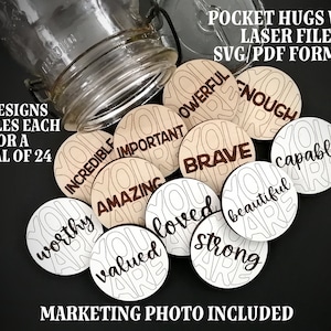 POCKET TOKENS Vol 6 , Pocket Hugs, 12 tokens, 2 styles each, Affirmation, Reassurance, laser, recovery, addiction, mental health, inspiring
