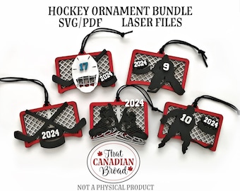 Hockey Ornaments Bundle, 5 designs, Hockey Net, Hockey Helmet, Hockey Players, laser files, SVG, PDF, digital file only