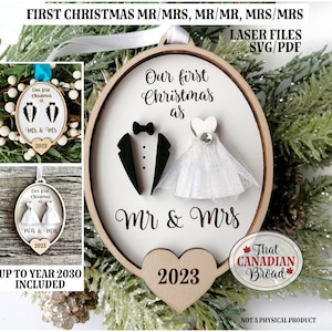 May include: A set of laser cut SVG and PDF files for creating a personalised Christmas ornament. The ornament features a couple in a tuxedo and wedding dress with the text "Our first Christmas as Mr & Mrs 2023".