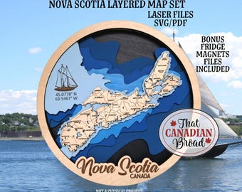 NOVA SCOTIA layered map sign and fridge magnet set, Canadian theme, laser file, digital file only