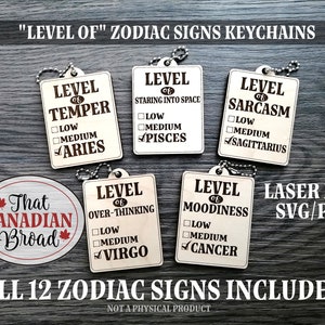 May include: A set of 12 laser cut wooden keychain designs featuring the zodiac signs. Each keychain has a "Level of" title with a zodiac sign and a check box for "Low", "Medium", and "High" levels. The text "Laser File SVG/PDF" is also included in the image.