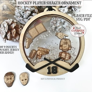 Ornement style shaker sur le thème du hockey avec inserts assortis, ornement en couches en bois et acrylique, fichier de découpe laser, SVG, PDF